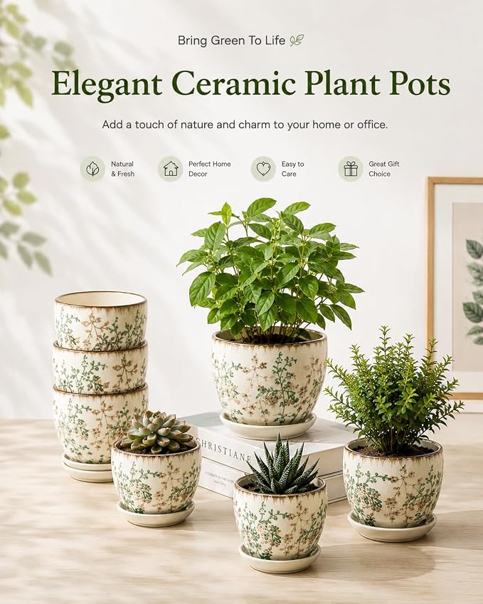 Ceramic Plant Pots, 4.8 Inch Succulent Pots, Planters with Drainage and Attached Saucer Set of 4, Vintage Floral Flower Pots for Home Decor, Plant Lover Gifts