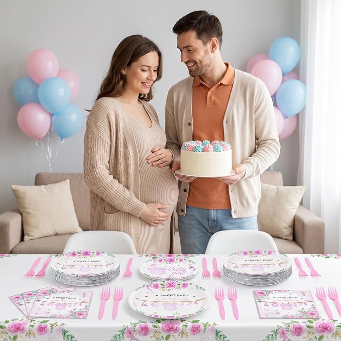96 Pcs Wildflower Party Decorations Plates and Napkins Forks Floral Pink Disposable Paper Tableware Set for Birthday Flower Gender Reveal Spring Garden Party Supplies for 24 Adult Guests