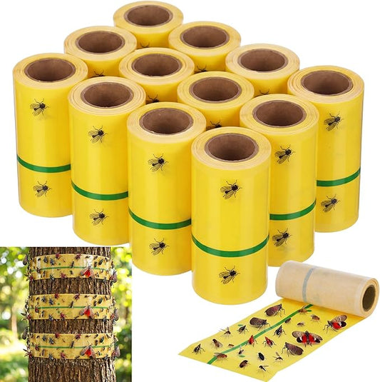 12 Rolls Spotted Lantern Fly Tree Trap 30 Feet Each Roll Lanternfly Tree Outdoor Fruit Fly Sticky Strips Paper Insect Sticky Barrier Trunk Wraps to Protect Plant, Lawn, Garden(Yellow and Green)