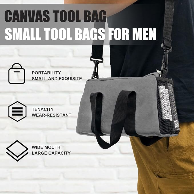 Small Tool Bag,Close Top Wide Mouth Tool Organizer Bag,Large Capacity Tool Bags for Men,Canvas Tool Storage Bag for Storage Handbag for Screwdrivers,Wrench (Shoulder strap+Gray, 16 Inch)