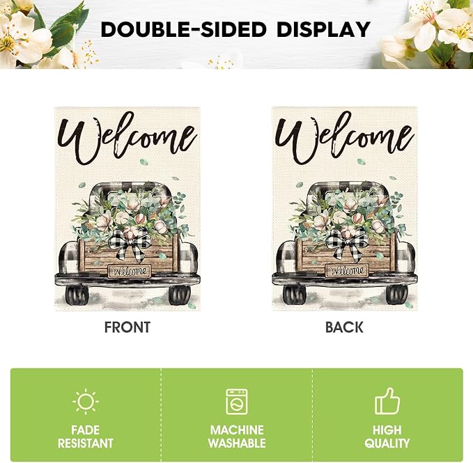 AVOIN colorlife Welcome Spring Truck Garden Flag 12x18 Inch Double Sided, Cotton Rustic Buffalo Plaid Yard Outdoor Flag