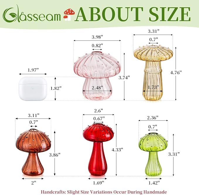 Glasseam Mushroom Plant Propagation Station: 5pcs Colored Glass Mini Terrarium for Plants, Cute Small Propagation Vases for Flowers - Unique Hydroponic Indoor Planters Gifts for Women's Room Decor