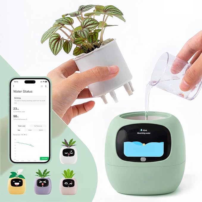 Smart Plant Pot with Visual Display – Soil Moisture, Water Level, Light & Battery Monitor, 80ml Self-Watering Reservoir, Supports 100+ Plants, Pomodoro Timer, Clock & Calendar (Green)