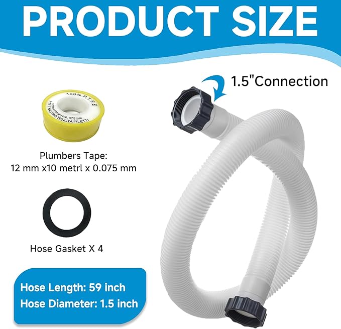 1.5" Pool Pump Hose for Intex Sand Filter Pumps & Saltwater Systems 29060E Pool Filter Hose for Intex & Coleman Above Ground Pools Parts 59" Long replacement hoses with 4 Washers, 2 Pack (1)