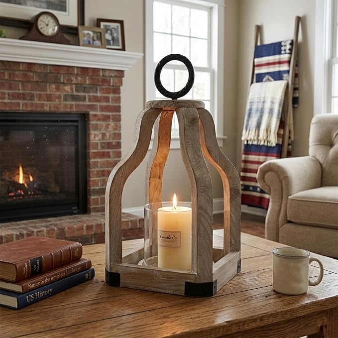 SWALLOWLIVING 13" Rustic Farmhouse Wood Candle Hurricane Lantern with Glass Candlestick Holder for Patio, Table Centerpiece, White Washed