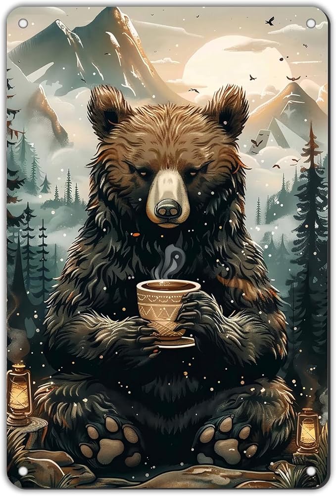 Bear Metal Tin Sign Morning Brew in the Wild Wall Art Rustic Bear & Coffee Cup Tin Sign for Cozy Cabin Decor Kitchen & Living Room Vintage Gift for Wilderness Enthusiasts 12 * 8in
