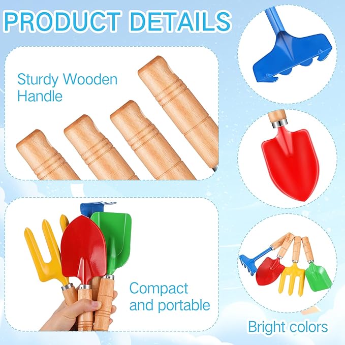 48 Pcs 8" Kids Gardening Tools, Metal Beach Sandbox Digging Toys with Wooden Handle, Including Shovel, Rake, Fork and Trowel, Garden Sand Snow Tools for Children Gift Outdoor Gardening