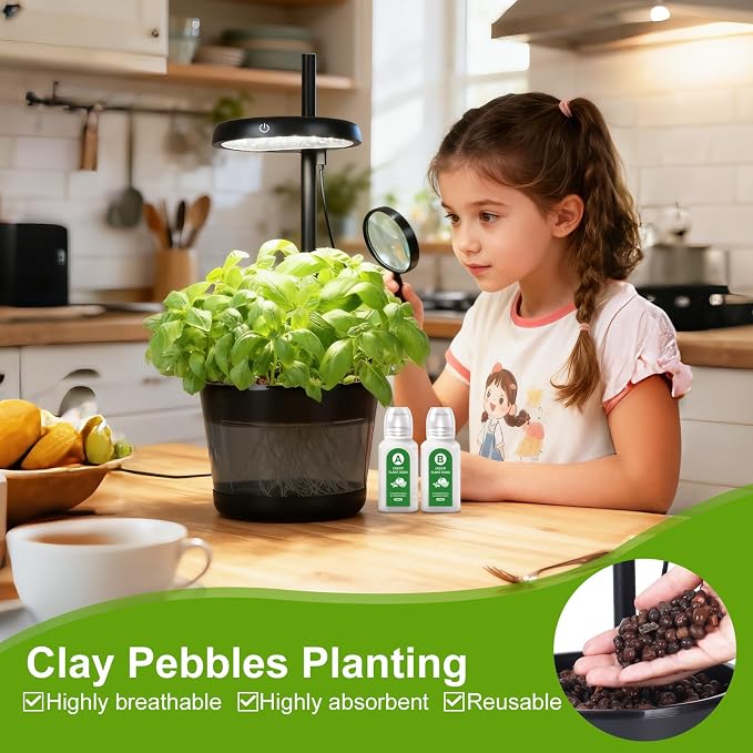 Indoor Clay pellets hydroponic Gardening System with 20W LED Plant Grow Light.The Translucent hydroponic Growing System for Hydroponic Herbs, Vegetables, Lettuce Harvest on Countertop for Mother's Day