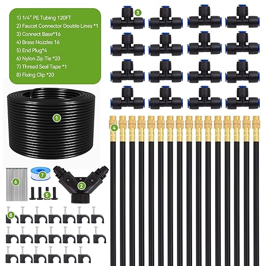 Drip Irrigation System Kit with 16 Pcs Adjustable Brass Nozzles & Bendable Spay Arm,120ft Garden Watering Misting System for Outdoor Raised Bed, Potted Plant, Yard, Greenhouse