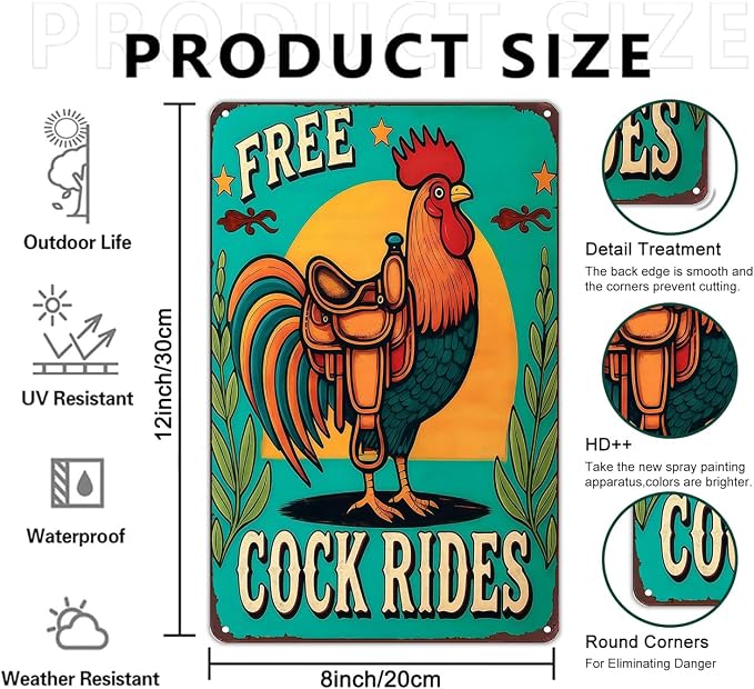 Funnysign Vintage Free Cock Rides Chicken Tin Sign for Chicken Coop Farm Kitchen Garden Yard Decor 8x12 inch (3939)