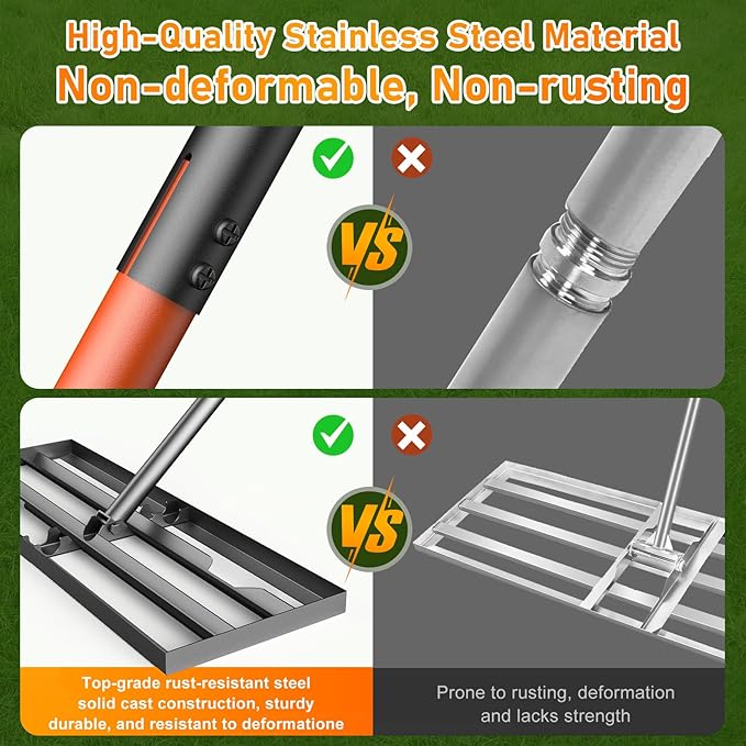 Lawn Leveling Rake, 30"x10" Leveling Rake with 78 Inch Adjustable Handle, Stainless Steel, for Backyard, Garden, Golf Course, Farm ＆ Pasture, Professional Lawn Care Tool - Orange
