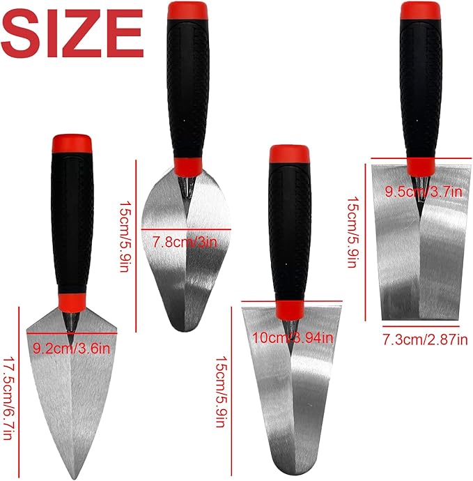 Bricklaying Trowel 4pcs/Set, Trowel Masonry Hand Tool, Flat Margin Trowel, Pointing Trowel, Gauging Trowel, Professional Masonry Flooring Tool for Concret (Black-E Set)