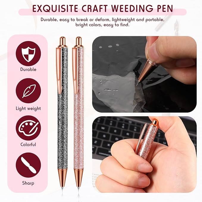 Epakh 2 Pieces Weeding Pen Vinyl Pen Pin Weeding Tool Fine Point Glitter Metal Vinyl Air Release or Car Puncturing Installation Retractable Craft Tool for DIY(Black, Gold)