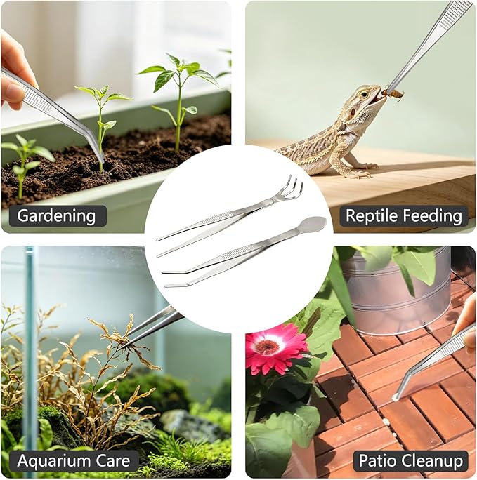 2 PCS Stainless Steel Garden Tweezers Set 2-in-1 Long Plant Tweezers Gardening Tools with 8.9" Curved Tine & 8.7" Straight Rake for Plants, Lawn, Bonsai, Succulents