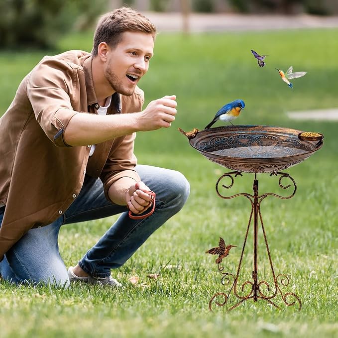 Bird Bath Large Bird Bath for Outside,Garden Bird Baths for Outdoors with Metal Pedestal Birdbath Vintage Bird Feeder Birdbaths Bowl with Folding Bracket