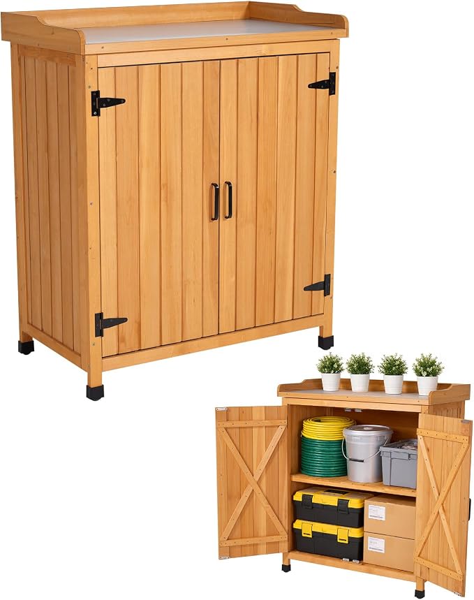 Outdoor Potting Bench with Metal Top, Wooden Garden Storage Cabinet & Tool Shed, Weather-Resistant Workstation for Patio, Backyard, Poolside (Yellow)