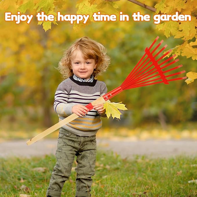 Kids Rakes with Hardwood Handle - Metal Kids Leaves Rakes, 28" Child Size Lawn Rakes with Vibrant Red Heads, Garden Tool Set for Kids Boys and Girls