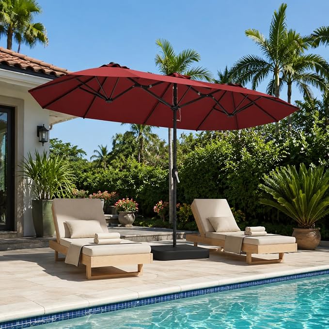 DomeShade 15ft Red Patio Umbrella with Base Included,Rectangle Double Extra Large Table Umbrella Outdoor Giant Umbrella for Porch Pool Lawn Deck,Market,Backyard Outside,Burgundy Red