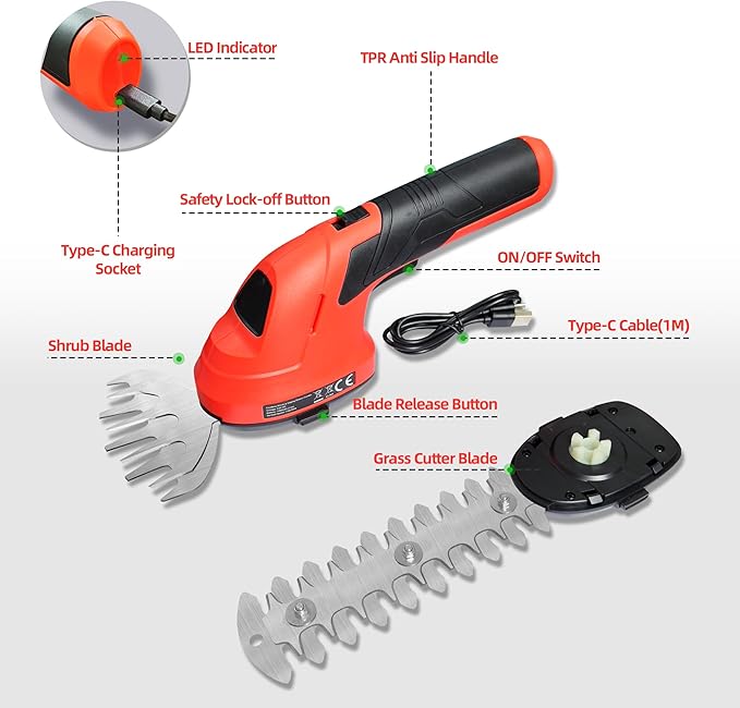 Cordless Grass Shear & Shrubbery Trimmer 2 in 1 Handheld Electric Grass Trimmer Hedge Shears/Grass Cutter