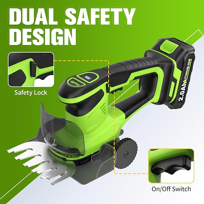 FULLYEA Cordless Hedge Trimmer, 2-in-1 Electric Bush Trimmer & Grass Shear, Lightweight Hedge Cutter with 2 * 2.0Ah Batteries & Charger, Battery Powered Grass Trimmer, Handheld Shrub Trimmer (Green)