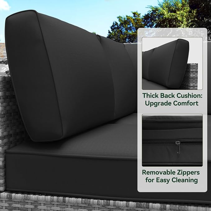 Outdoor Replacement Cushions for Patio Furniture,Water-Resistant Sofa Cushion for Rattan Wicker Sectional Patio Conversation Sets,14-Piece Outdoor Couch Cushion, Black
