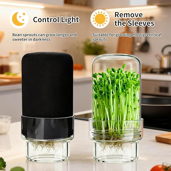 Sprouting Jar Kit, 2 Pack Wide Mouth Mason Jar Sprouting Kit with Sprout Lids, Blackout Sleeves, Drain Cover, Perfect for Home Gardeners, Health Enthusiasts & Vegan Diets