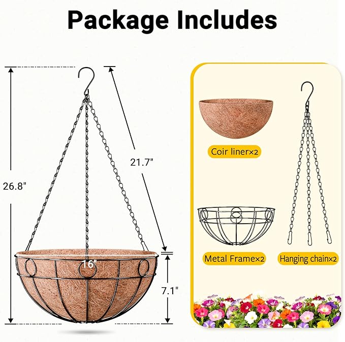 ZeeDix 16 Inch Large Hanging Baskets for Plants Outdoor, 2 Pack Round Metal Wire Planter Basket with Coco Coir Liner, Hanging Flower Pots for Garden Yard Patio Porch Balcony Decor
