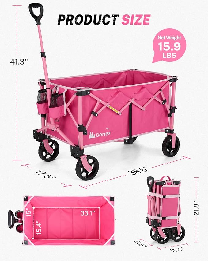 Gonex 38''L Collapsible Foldable Wagon Cart with 360lbs Weight Capacity,220L Folding Utility Garden Cart with Detachable Wheels for Grocery Sports Shopping Camping - Pink