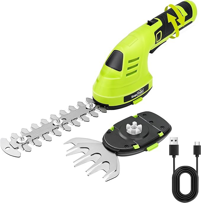 SnapFresh Cordless Hedge Trimmer & Grass Shears, 2-in-1 7.2V Handheld Mini Hedge Trimmer with 180° Rotating Head, Electric Bush & Shrub Trimmer, 2.0Ah Battery & USB-C Charging for Garden Yard Lawn