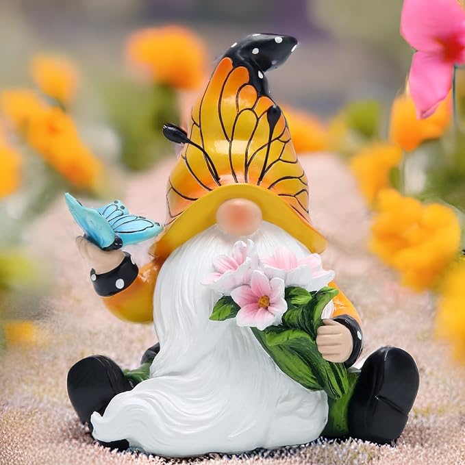 Hodao Butterfly Gnome Figurine Spring Decor, Cute Resin Gnome with Floral and Butterfly Design,Decorate for Shelves, Tiered Trays, Patios, and Garden, Gift for Mom Friends Housewarming Birthday