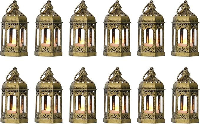 LLQ 12Pcs 5-Inch Ramadan Mini Lanterns - Ramadan & Eid Mubarak Decorations - Vintage Table Centerpieces for Wedding&Christmas Decor - LED Flickering Lantern Light for Hang Ornaments(Brushed Brass)