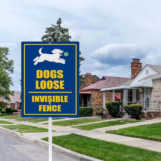 Dog Loose Invisible Fence Yard Sign With Stake Reflective Aluminum Rustproof Attention Garden Lawn Dog Sign Stand For Home Neighborhoods Garden Street Outdoor Decorations (8x12) IN