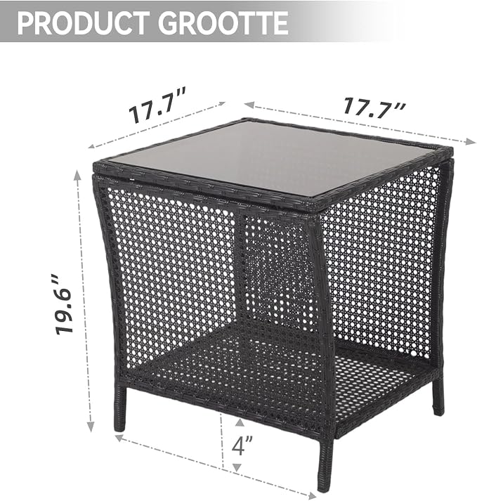 Outdoor Side Table - Patio Rattan End Table with Square Glass Tabletop, Wicker Outdoor Side Table with Extra Storage Shelf for Garden, Backyard, Porch, Black