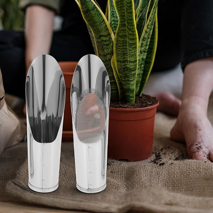BESTonZON 2Pcs Small Soil Scoop and Sifter Set, Stainless Steel Bucket Shovel Bonsai Tools for Indoor Plants, Dirt Scooper Potting Spade for Succulent