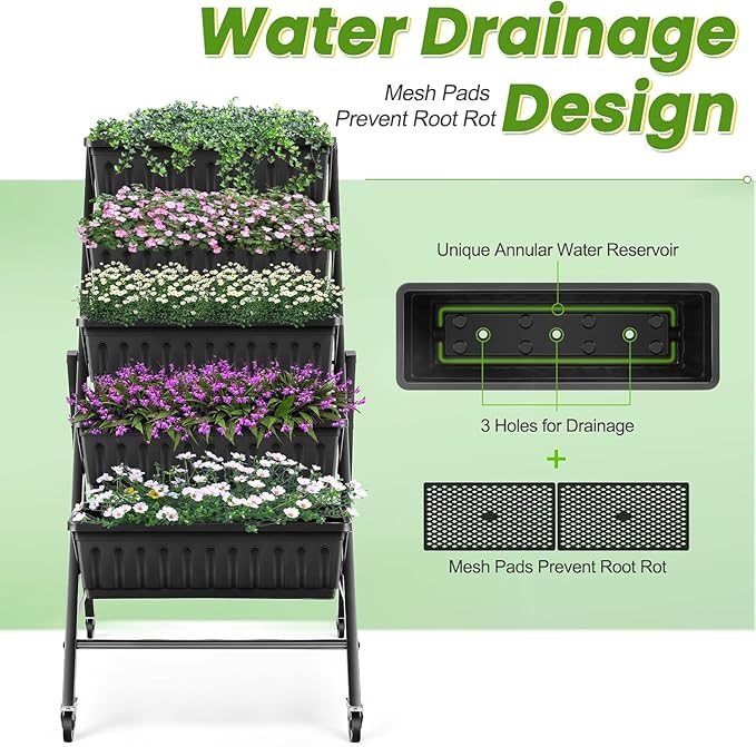 TEANDE 2 Pack Vertical Raised Garden Bed with Wheels, 5-Tier Elevated Planter Box w/Drainage System & 4 Hooks for Herbs Vegetables Flowers, Vertical Garden Planter for Patio Yard Indoor Outdoor