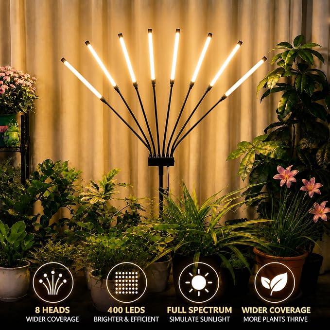 Grow Lights for Indoor Plants [ 8 in1 ] 400 LEDs, Full Spectrum Plant Lights for Indoor Growing with Tripod Stand, Auto On/Off Timing 4/8/12H, Plant Grow Lights Indoor.