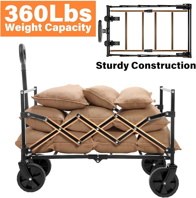 Wagons Carts Foldable, Collapsible Wagon Cart with Wheels - Beach Wagon Cart with Wheels for Sand Sports Camping Grocery