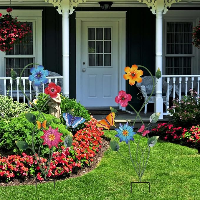 YEAHOME Garden Decor for Outside, 2 Pack 37“ Metal Butterfly Garden Stakes, Spring Wall Decor, Colorful Look & Personalities Flowers Yard Art for Outdoor Lawn Backyard Porch Patio Home Decorations