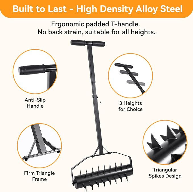 23 Inch Rolling Lawn Aerator - Upgraded Heavy Duty Lawn Aerator Tool with Adjustable Handle Heights, Manual Soil Spike Aerator for Yard and Garden, Water or Sand Fillable for Soil Penetration