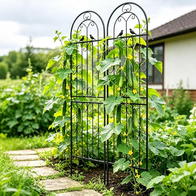 2 Pack 86.7" H x 19.7" W Metal Garden Trellis for Climbing Plants Outdoor, Black Lattice Panel, Sturdy Plant Support for Roses, Vines, Cucumbers & Vegetables