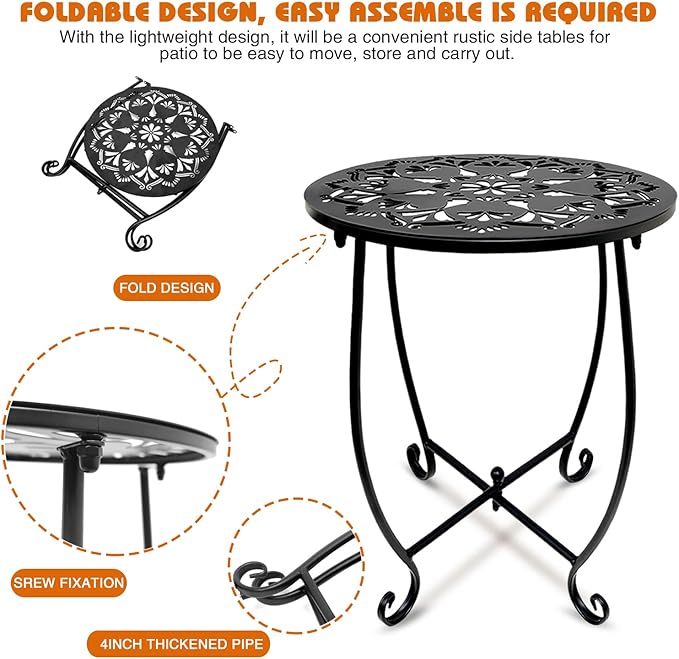 Fashion&cool Outdoor Side Tables, 14 Inch Rust-Resistant Metal Side Table for Outdoor, Round End Table Side Table for Patio Yard Porch Balcony Garden Bedside, Plant Stand (Black)