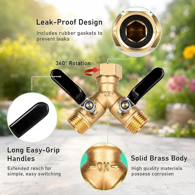 Dalmbox Garden Hose Splitter 2 Way, Brass Y Hose Connector With Long Handle Shut Off Valves, 3/4" GHT Heavy Duty Outdoor Faucet Adapter, Water spigot Splitter for Garden Watering, Lawn, Car Wash