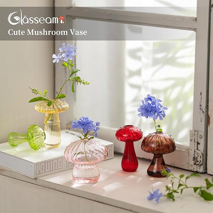 Glasseam Mushroom Plant Propagation Station: 5pcs Colored Glass Mini Terrarium for Plants, Cute Small Propagation Vases for Flowers - Unique Hydroponic Indoor Planters Gifts for Women's Room Decor