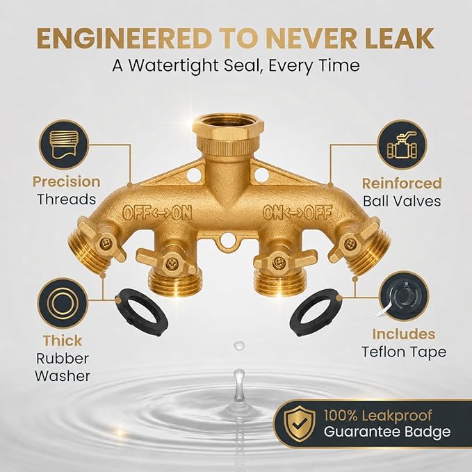 Morvat Brass 4-Way Splitter LEAD-FREE, Heavy-Duty Garden Hose Manifold Connector with Improved Comfort Grip ON/OFF Valves, Adapter for Water Faucet & Spigot, Includes 32 Washers, Teflon Tape (4-Pack)