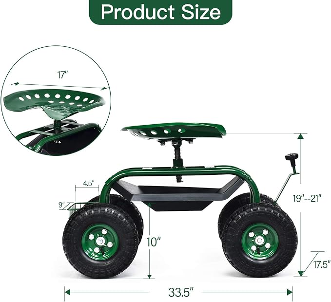 IRONMAX Garden Cart with Seat, Gardening Rolling Stool Scooter with 10’’ All-Terrain Wheels, Convenient Pull Handle & Tool Tray and Basket for Outdoor Planting (Green)
