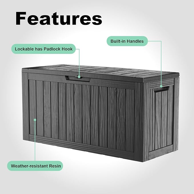 85 Gallon Outdoor Storage Box Waterproof Resin Lockable outdoor Deck Box with Lid, Large Capacity Storage Container for Patio Furniture, Side Table and Cushions(Black, 85 Gallon)