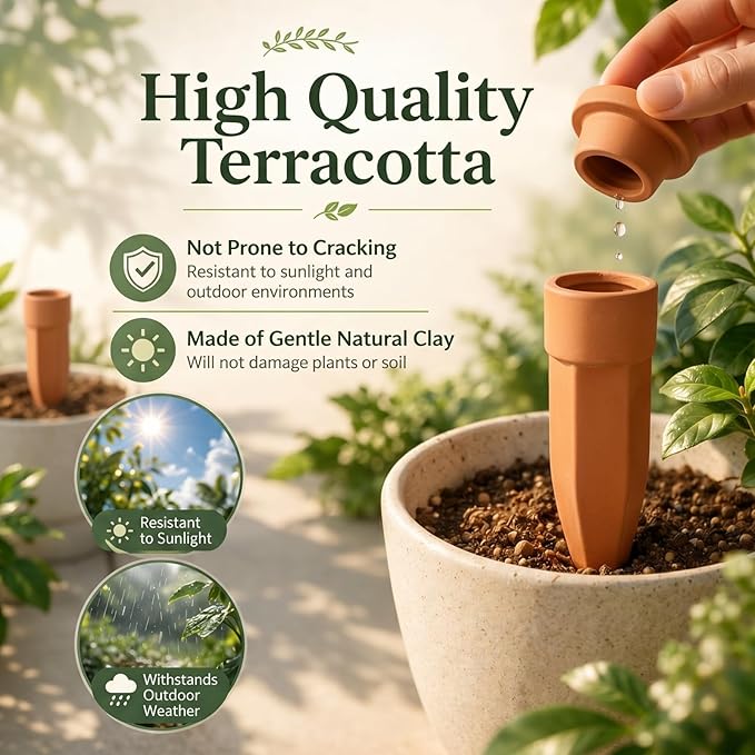 Honeydak 6pcs Small Terracotta Watering Spikes with Lids 4'' Automatic Plant Waterer Self Watering Stake Planter Insert Slow Release Device for Bottles 4-6'' Pot Plants Indoor Outdoor Garden Vacation