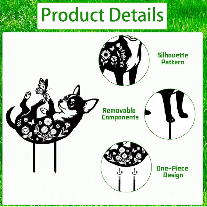 Rngmsi Dog Chihuahua Metal Decorative Garden Stakes Decor, 3PCS Chihuahua Statue Metal Yard Stakes for Garden Decor Yard Art Patio Outside Lawn Ornaments Outdoor, Dog Gifts for Women Men Mom