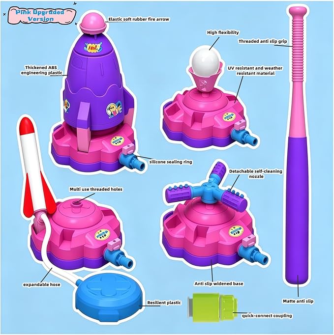 4-in-1 Upgraded Water Sprinkler Toy,Water-Spraying Rocket,Water Baseball,360°Rotating Sprinkler,Foot-Pump Rocket Launch,Outdoor/Yard/Garden/Lawn/Pool Summer Water Game for Kids Age3 4 5 6 7 8Boy Girls