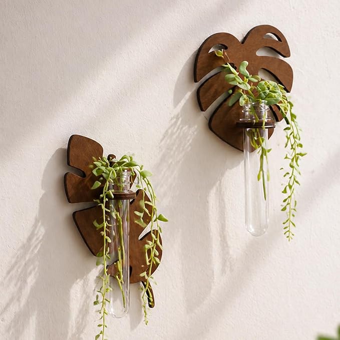 Artilady Plant Propagation Station 2 Pack Wall Hanging Plant Terrarium Holder with Test Tube Wood Window Planter Indoor Decor for Living Room Bedroom Kitchen (Leaves)